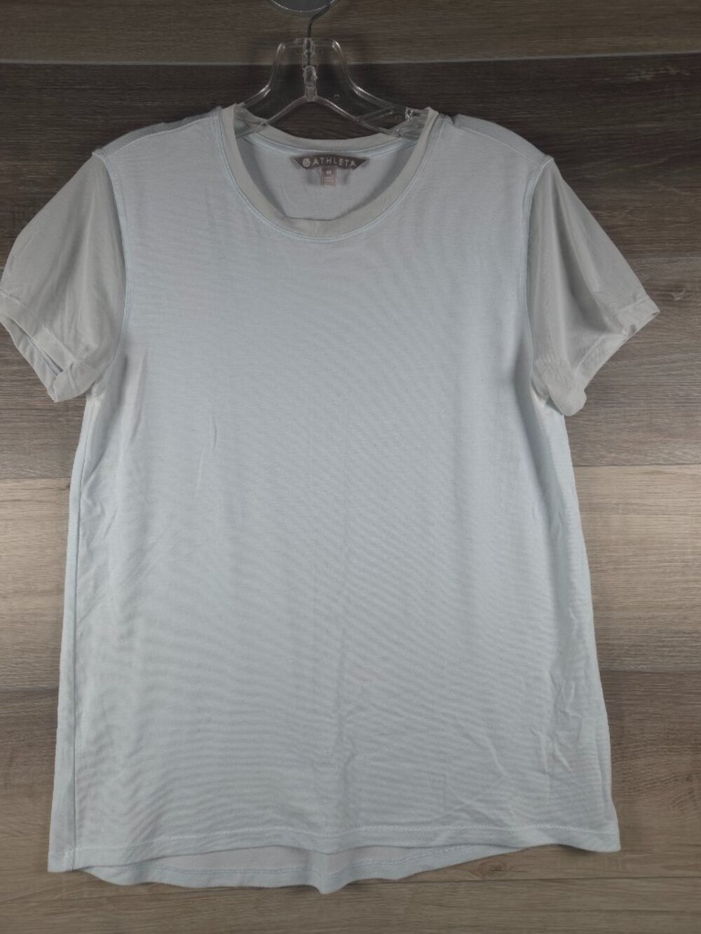 Athleta Women's Light Blue Short Sleeve Top Medium Sheer Mesh Sleeves Athleisure